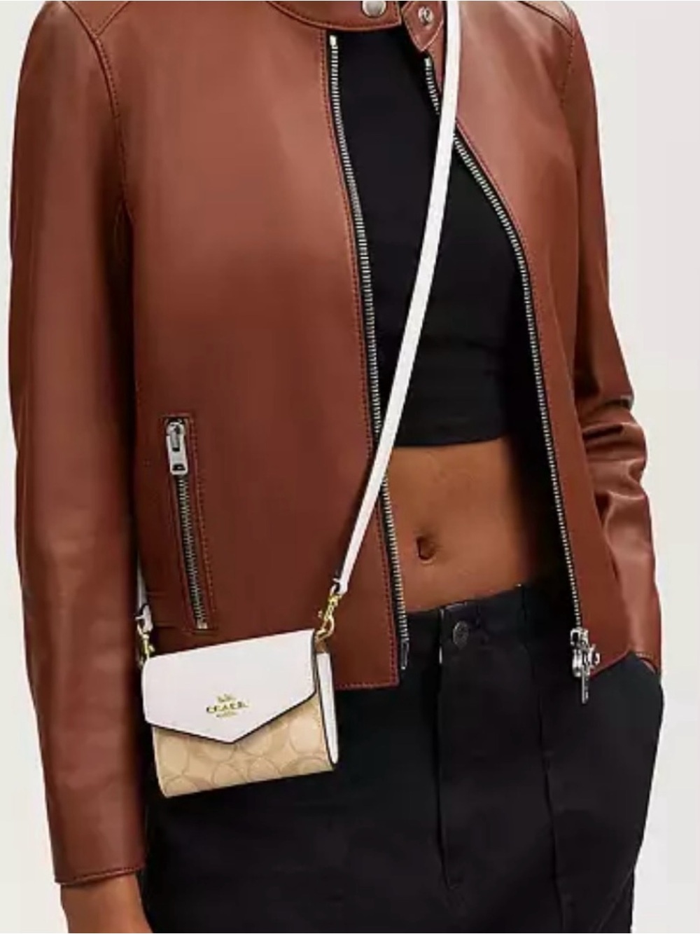 Coach White and Beige Signature Mini Crossbody Wallet